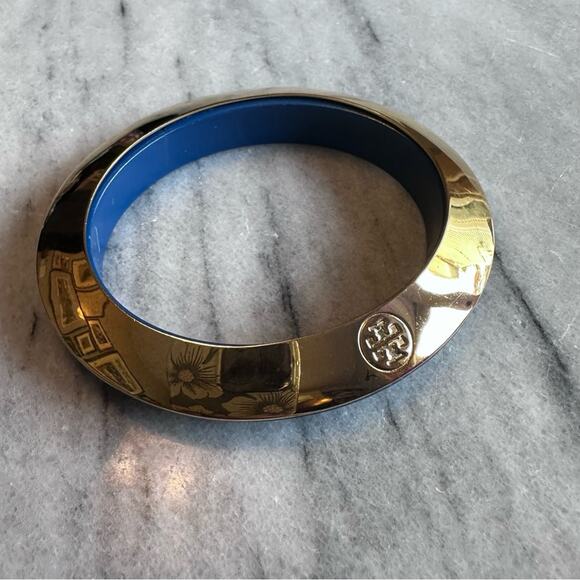 Tory Burch - Gold and Navy Resin Oval Bangle Bracelet - Picture 1 of 10